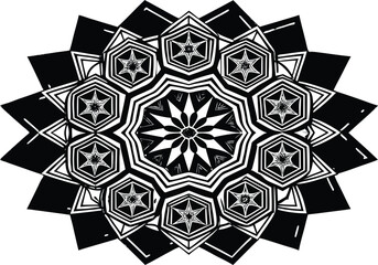 Intricate black and white geometric mandala design with star and hexagonal patterns isolated on transparent background