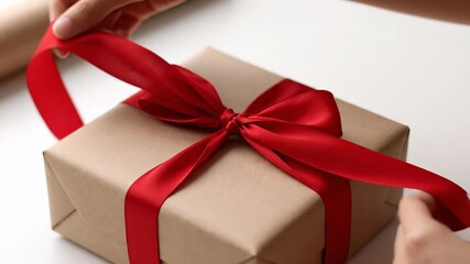Hands tying a red ribbon bow on a brown paper gift box, close-up - Powered by Adobe