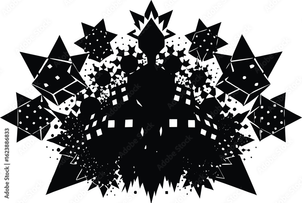 Poster intricate black geometric abstract fractal design with star shapes and cubes isolated on transparent