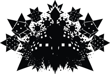 Intricate black geometric abstract fractal design with star shapes and cubes isolated on transparent background