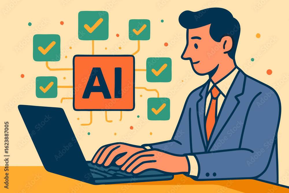 Aufkleber vector illustration of a businessman working on a laptop with ai and checkmark icons surrounding him