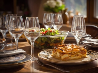Elegant Restaurant Dinner: Perfect Table Setting with Lasagna and Vegetable Salad in Warm Lighting