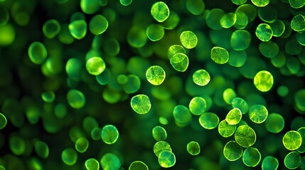 Green algae microscopic view background, algae cells, green cells, micro life view