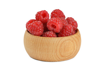 Close up, macro of fresh red ripe raspberries in rustic wooden bowl isolated on white, transparent...