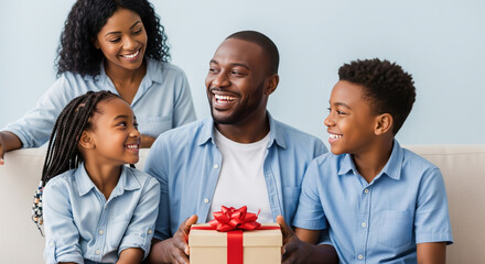 Father's Day Surprise: African American Dad with Kids Receiving Gift Box