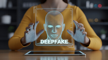 Woman interacting with digital deepfake face technology on tablet screen