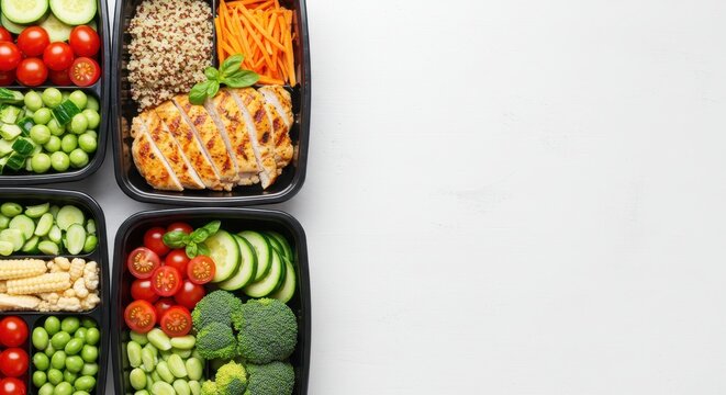 Healthy meal prep containers with various vegetables and protein