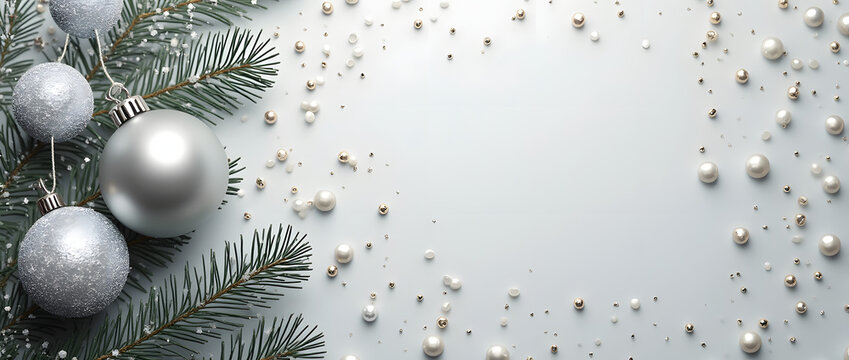 Branches de sapin de Noël, boules argentées et perles sur fond blanc. Carte de vœux pour Noël et le Nouvel An, vacances d'hiver. Composition à plat, vue de dessus.