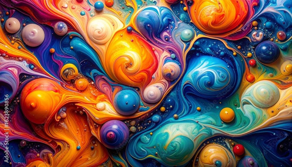 Poster vibrant swirls of orange, blue, yellow, and purple intertwine in a mesmerizing abstract design creat