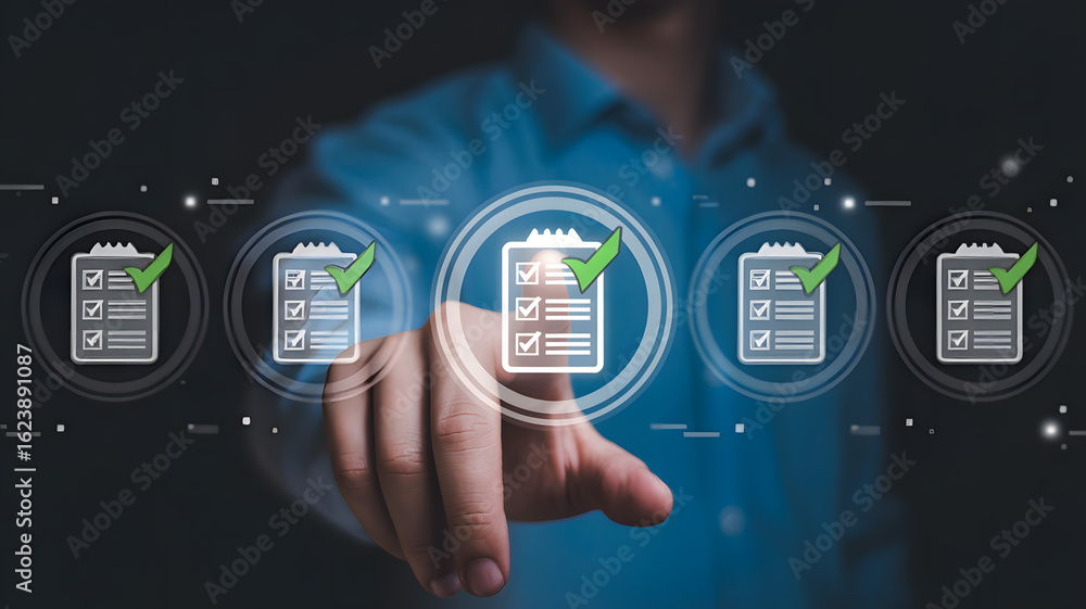 Aufkleber man touching checklist icons signifying successful task completion and goal achievement