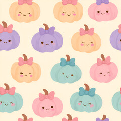 Obraz premium Cute pastel pumpkins with bows and sweet smiles in a repeating pattern on a light background.