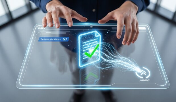 Automated document approval and quality control concept, a professional verifies and manages digital paperwork on a laptop using a smart system before final task delivery. DMS concept. 