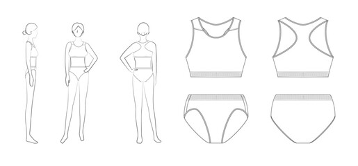 女子陸上セパレートユニフォームのテンプレート（前・後・横・平面図）Women's Track and Field Separate Uniform Template – Front, Back, Side & Flat Views
