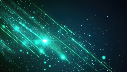 Abstract glowing turquoise light streaks and stars on dark blue space background, futuristic technology element for science innovation concepts