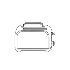 A line drawing illustration of a two-slice toaster, viewed from the front, with a lever on the right side.