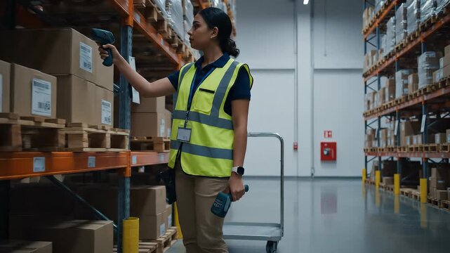 Young woman in a warehouse scans packages using a barcode reader while working in a distribution center