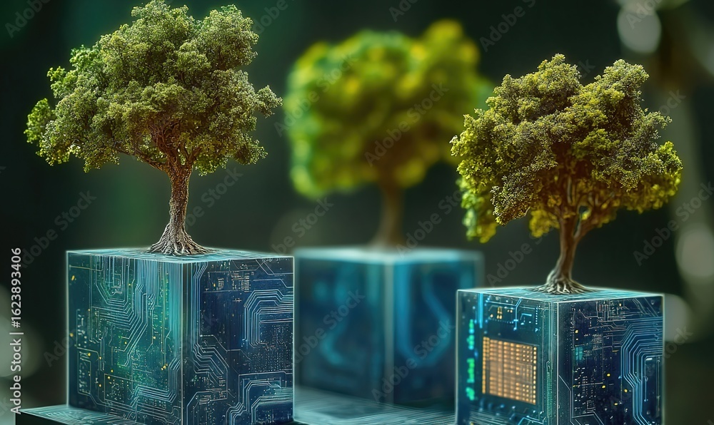 Aufkleber three circuit-patterned cube trees with abstract data flow, harmony of technology and nature, 3d ren