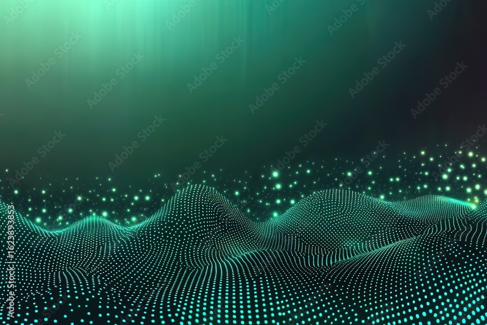 Poster abstract teal glowing dots on dark green gradient, futuristic data technology background, digital wa