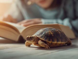 Fototapeta na wymiar Cozy Home Scene: Turtle Reading Book Close-Up - Perfect Nature-Inspired Decor for Pet Lovers