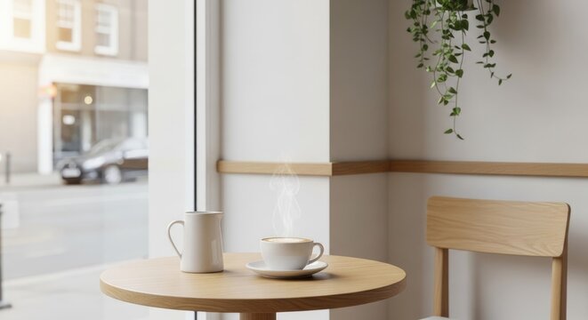 Minimalist coffee shop corner with cappuccino and morning light