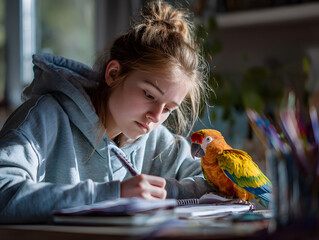 Girl Concentrating on Homework with Pet Parrot Indoors: Nature Study Session