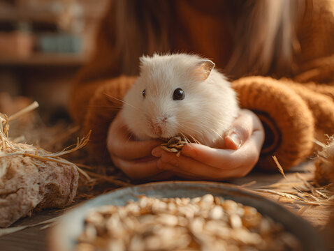 Adorable Close-Up of a Hamster Feeding Indoors: Cozy Pet Picture