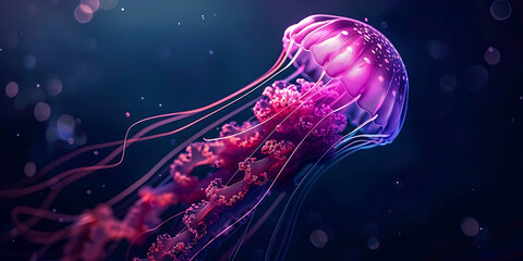 Glowing pink jellyfish with trailing tentacles floating in dark ocean background
