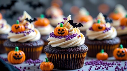 Halloween cupcakes decorated with sprinkles, creamy frosting, pumpkins and bats