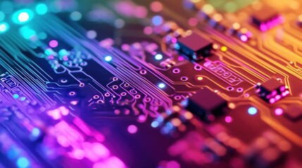 Close-up of colorful circuit board with glowing components. Abstract technology background.  Possible use Stock photography
