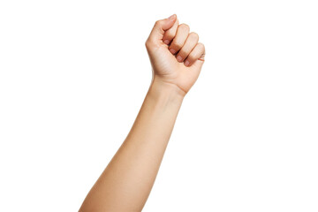 Raised Fist: Arm Extending Upwards with Clenched Fists, Isolated Against a White Background, Symbolizing Power or Protest