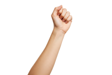Raised Fist: Arm Extending Upwards with Clenched Fists, Isolated Against a White Background, Symbolizing Power or Protest