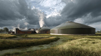 Biodigester facility surrounded by green fields under stormy skies
