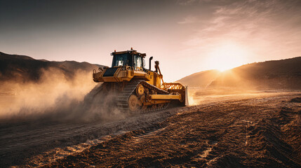 Fototapeta premium Bulldozer grading land at sunset in rural construction site
