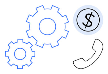 Two interconnected gears, a telephone handle, and a dollar sign highlight concepts of workflow, financial transactions, and client communication. Ideal for business, collaboration, management