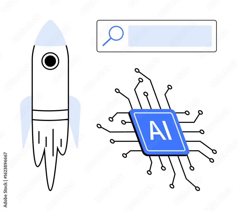 Poster rocket launching symbol next to ai chip and search bar representing progress, intelligence, and expl