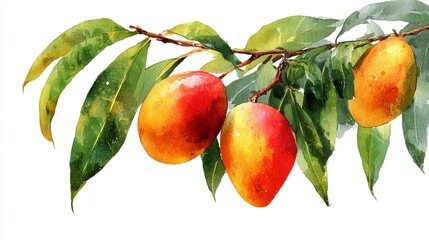 Watercolor Mango Branch with Lush Green Leaves