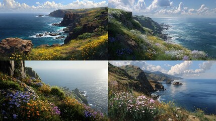 Four-panel scenic views of a colorful coastal cliffside, highlighting varied flora and ocean expanse
