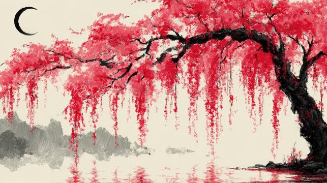 Pink weeping cherry tree by water, misty landscape