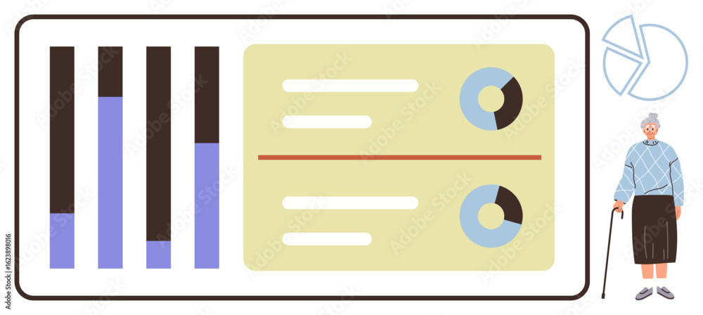 Aufkleber bar graphs, pie charts, and an elderly figure with a cane conveying data analysis themes. ideal for 