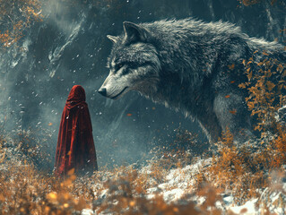 Atmospheric fantasy forest scene: a figure in a red cloak, representing Little Red Riding Hood 