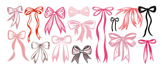 Collection of Pink, Red & Black Bows; Watercolor Style Illustrations