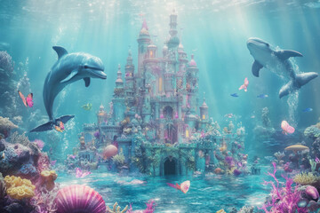A fantastic underwater world with a majestic castle on the ocean floor surrounded by colorful corals, exotic fish, butterflies and two dolphins. 