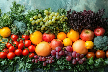 Bright and juicy composition of fresh fruits and vegetables laid out in a horizontal strip against a green decorative surface.  