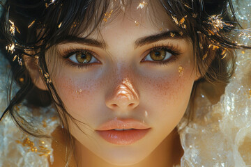 Portrait of a young girl with expressive brown eyes, fair skin and freckles. Her lips are slightly parted, her gaze is deep and attractive.  