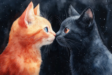 Watercolor illustration of two cats looking into each other's eyes against the backdrop of a starry night.  