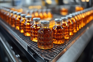 Modern bottling line in production. Rows of glass bottles with amber liquid — perhaps syrup, liqueur, oil or aromatic extract — move along a conveyor. 
