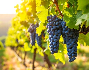 Fototapeta premium Clusters of ripe grapes hanging from vines in a vineyard at sunset