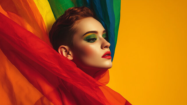 Side Portrait of Woman Wrapped in Rainbow Flag