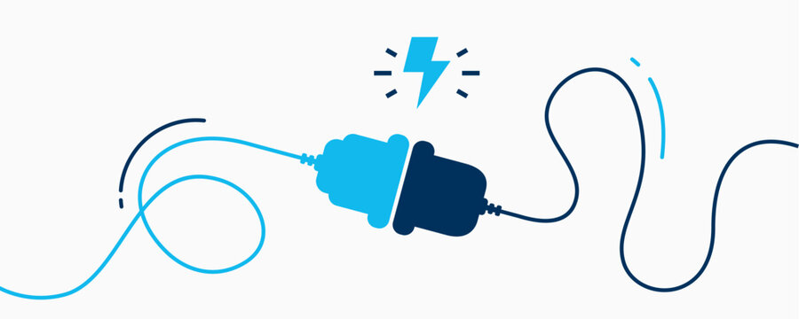 Electric socket with a plug. Connection and disconnection concept. Concept of 404 error connection. Electric plug and outlet socket unplugged. Wire, cable of energy disconnect
