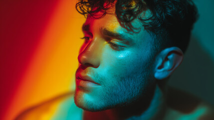 LGBTQ+ pride portrait of man with rainbow lighting